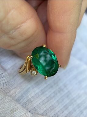 Glamorous Cocktail Ring ca. 1980’s Huge Faux Emerald. Hollywood or Vegas Bound?
